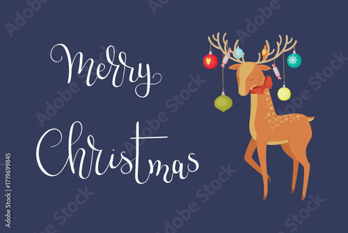 Christmas Reindeer with Ornaments and Birds Illustration, Cute Holiday Greeting Card Design