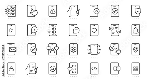 Smartphone interface icon set featuring apps, user profiles, communication, notifications, multimedia, and security in clean editable line style