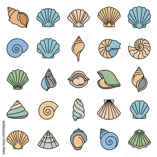 Collection of Colorful Seashells with Black Outlines in Various Shapes and Designs.