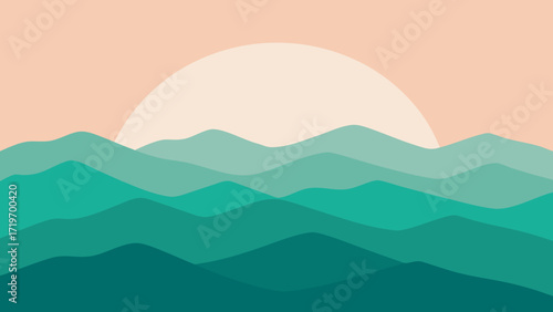 Minimalist sunrise over layered green mountains landscape