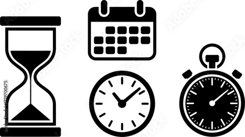 Icons representing time management, including an hourglass, calendar, clock, and stopwatch.