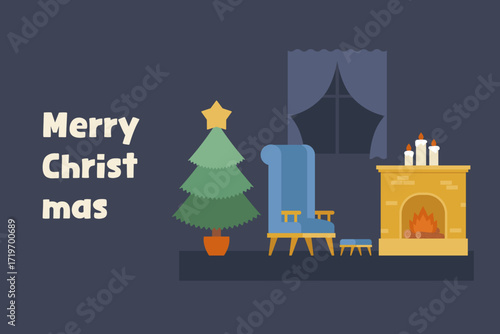 Cozy Christmas Living Room Illustration with Fireplace and Tree, Holiday Greeting Card Design
