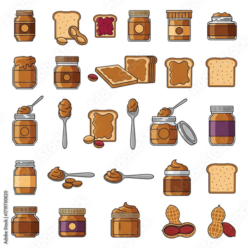 Cartoon Peanut Butter Jars Toasts Spoons and Peanuts Vector Illustration.