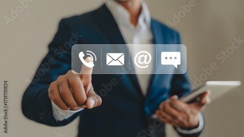 Wallpaper Mural Contact Us concept, Businessman touching on virtual screen icons for email, phone, address, and live chat assistance to support digital customer services, Digital contact service, Online support. Torontodigital.ca