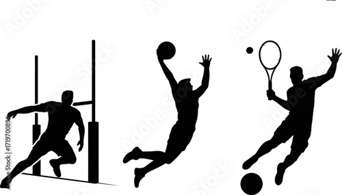 Dynamic silhouettes of athletes engaged in diverse sports actions