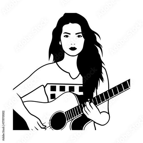 Black and white line art of a cool woman playing guitar in casual outfit minimalist stylish illustration
