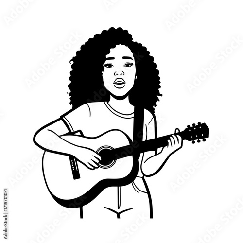 Black and white line art of a cool woman playing guitar in casual outfit minimalist stylish illustration
