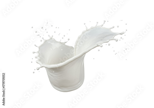 Dynamic white liquid splash of fresh, viscous milk or cream, elegant swirling wave, scattering droplets on a transparent studio background with ample copy space. Concept for beverage advertising