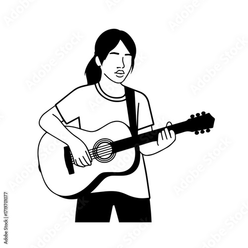 Black and white line art of a cool woman playing guitar in casual outfit minimalist stylish illustration
