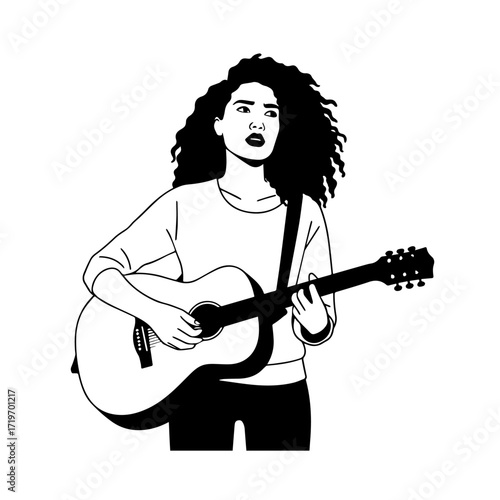 Black and white line art of a cool woman playing guitar in casual outfit minimalist stylish illustration
