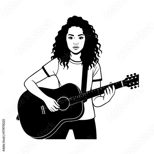 Black and white line art of a cool woman playing guitar in casual outfit minimalist stylish illustration
