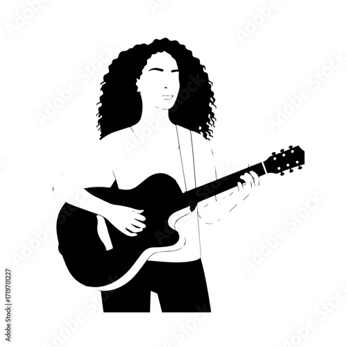 Black and white line art of a cool woman playing guitar in casual outfit minimalist stylish illustration
