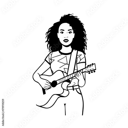 Black and white line art of a cool woman playing guitar in casual outfit minimalist stylish illustration
