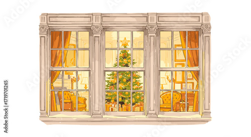 Festive Christmas tree glowing with warmth and presents, beautifully framed by an ornate window, creating a serene and inviting winter holiday interior scene
