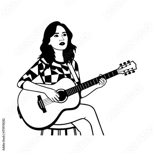 Black and white line art of a cool woman playing guitar in casual outfit minimalist stylish illustration
