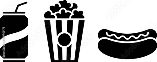 Classic movie snacks: soda, popcorn, and hot dog, presented as simple black icons.
