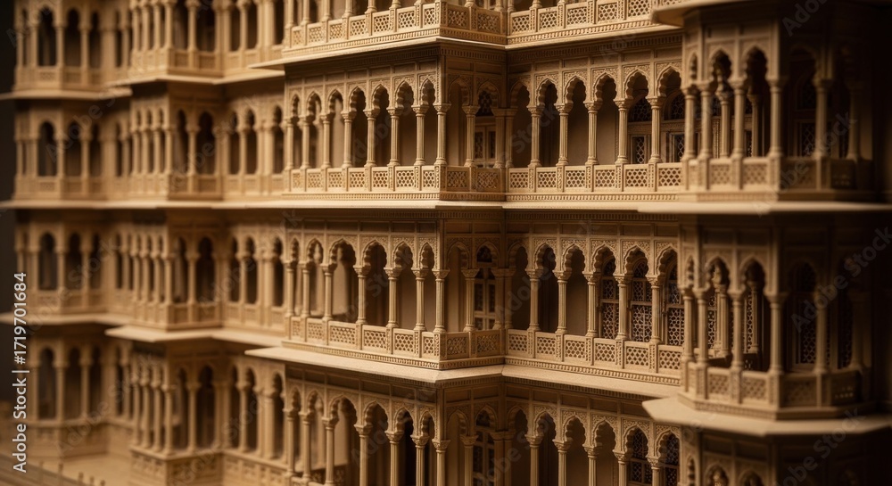 Naklejka premium Intricate Traditional Wooden Architectural Model with Multiple Levels and Arched Windows in Warm Lighting
