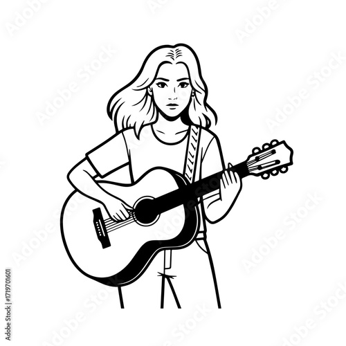 Black and white line art of a cool woman playing guitar in casual outfit minimalist stylish illustration
