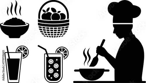 Chef cooking delicious food with fresh ingredients and refreshing drinks