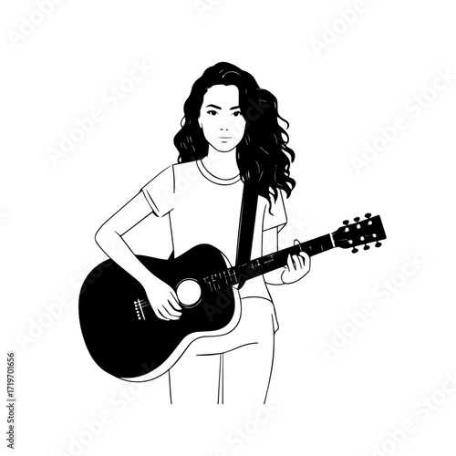 Black and white line art of a cool woman playing guitar in casual outfit minimalist stylish illustration