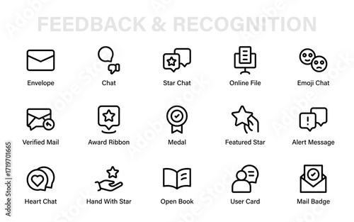 Feedback and Recognition Icon Set, simple feedback review outline vector pack for communication evaluation and survey responses