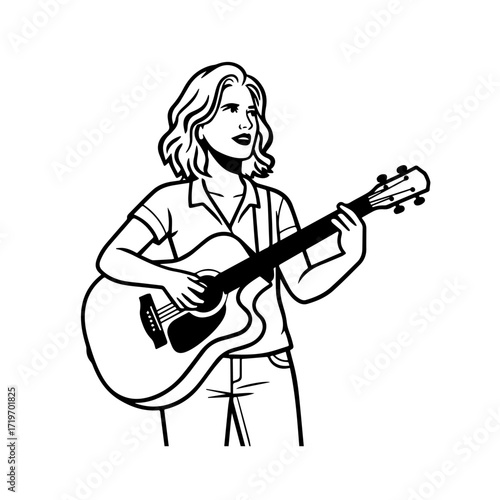 Black and white line art of a cool woman playing guitar in casual outfit minimalist stylish illustration