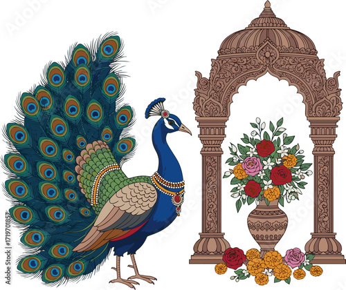 Create a Indian peacock with temple, flower vase illustration for wedding invitation vector art with white background.
