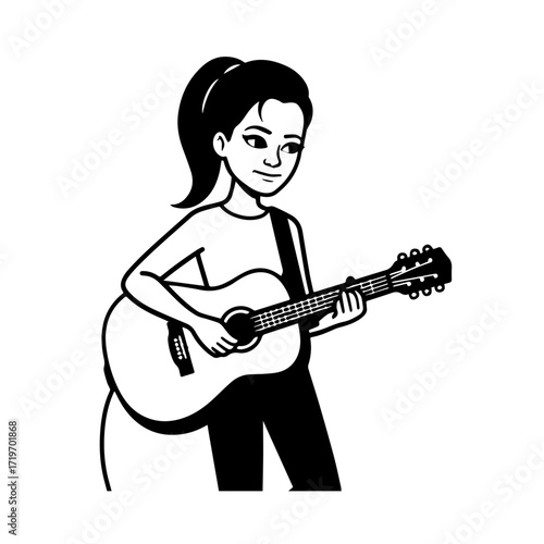 Black and white line art of a cool woman playing guitar in casual outfit minimalist stylish illustration