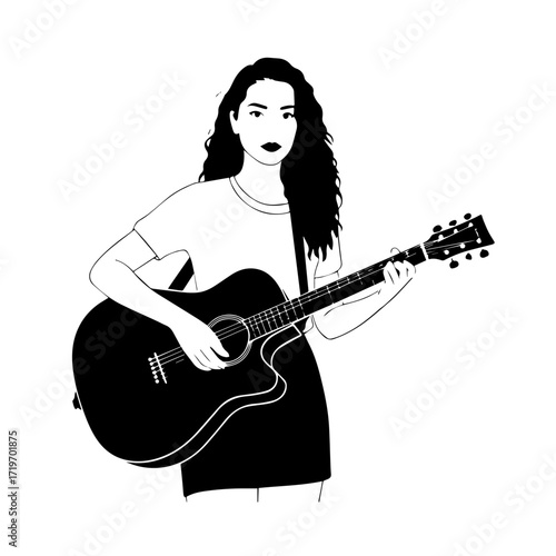 Black and white line art of a cool woman playing guitar in casual outfit minimalist stylish illustration