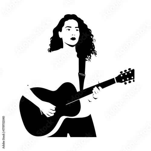 Black and white line art of a cool woman playing guitar in casual outfit minimalist stylish illustration