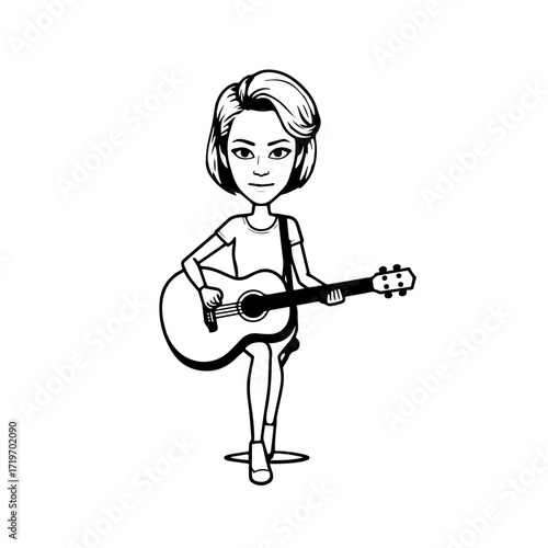 Black and white line art of a cool woman playing guitar in casual outfit minimalist stylish illustration