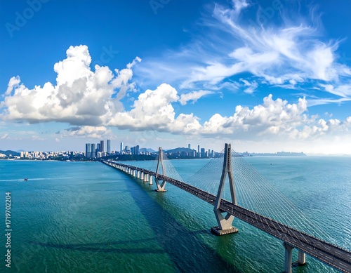 Aerial view of a modern cable-stayed bridge spanning a body of water (1)