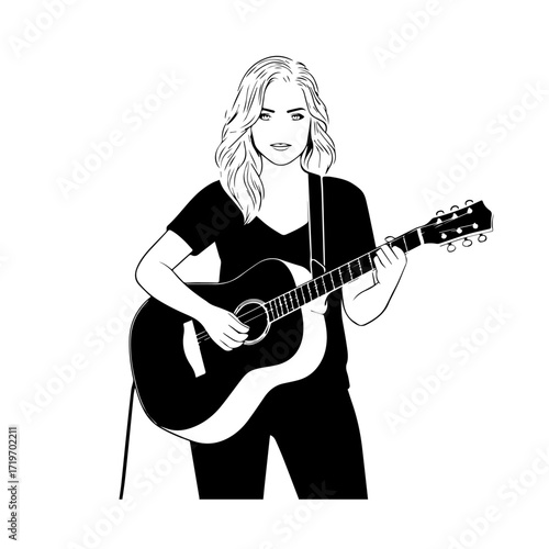 Black and white line art of a cool woman playing guitar in casual outfit minimalist stylish illustration