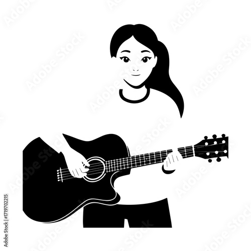 Black and white line art of a cool woman playing guitar in casual outfit minimalist stylish illustration
