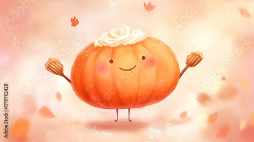 Happy pumpkin with blushing cheeks holding pumpkin pie, whipped cream smile, cinnamon stick