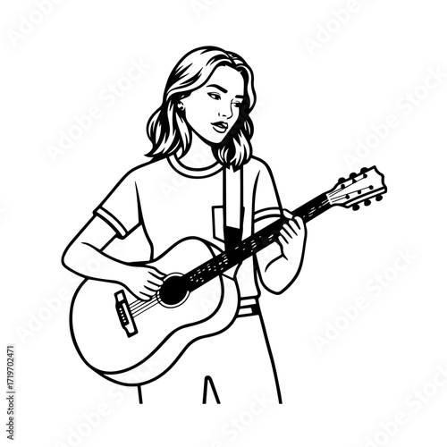 Black and white line art of a cool woman playing guitar in casual outfit minimalist stylish illustration
