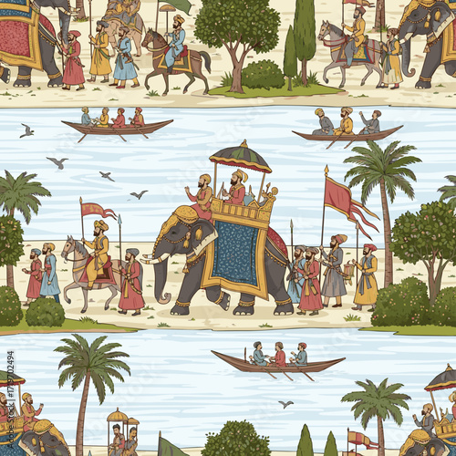 Create a Mughal Emperor's Royal Procession with Elephants by a Scenic River seamless pattern vector art with white background.