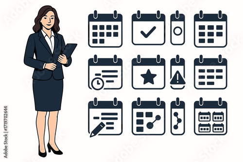Businesswoman with calendar icons planning management and scheduling concept