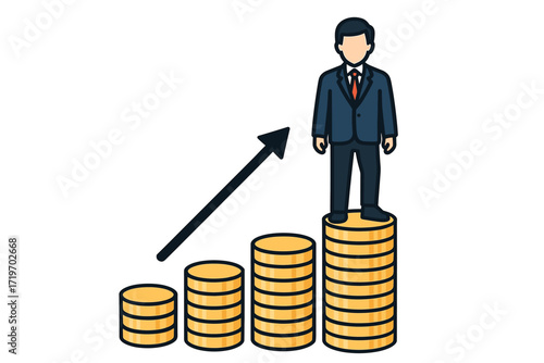Business growth concept with male figure on coin stacks and upward arrow