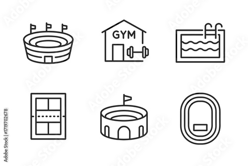 Fitness and sports facility icons: stadium, gym, swimming pool, tennis court, running track