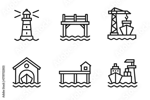 Nautical vector icons set featuring lighthouse, dock, crane, ship, house, pier