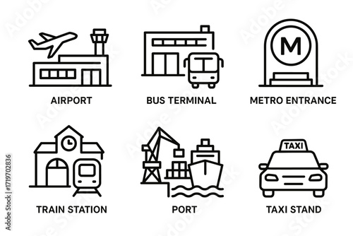 Transport icons: airport, bus terminal, metro, train, port, taxi stand