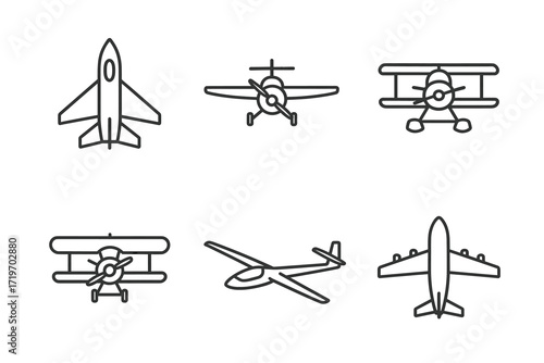 Various aircraft outlines: jet, propeller, biplane, glider, and passenger plane