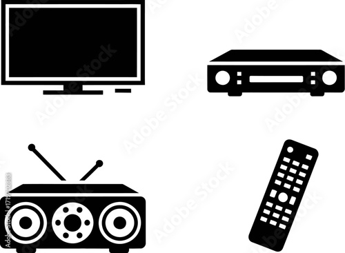 Collection of vintage and modern audio visual electronics icons