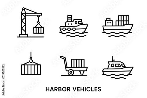 Harbor vehicles icon set: cranes, boats, ships, containers, and tugboats