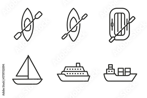 Outline icons of kayak, canoe, inflatable boat, sailboat, cruise ship, cargo ship