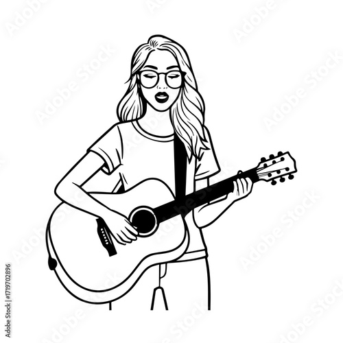 Black and white line art of a cool woman playing guitar in casual outfit minimalist stylish illustration