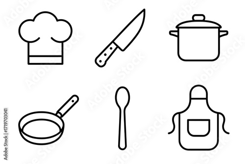 Kitchen tools icons: chef hat, knife, pot, pan, spoon, apron in black line art