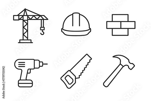 Construction tools and equipment icons: crane, hard hat, bricks, drill, saw, hammer