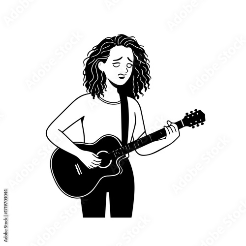 Black and white line art of a cool woman playing guitar in casual outfit minimalist stylish illustration
